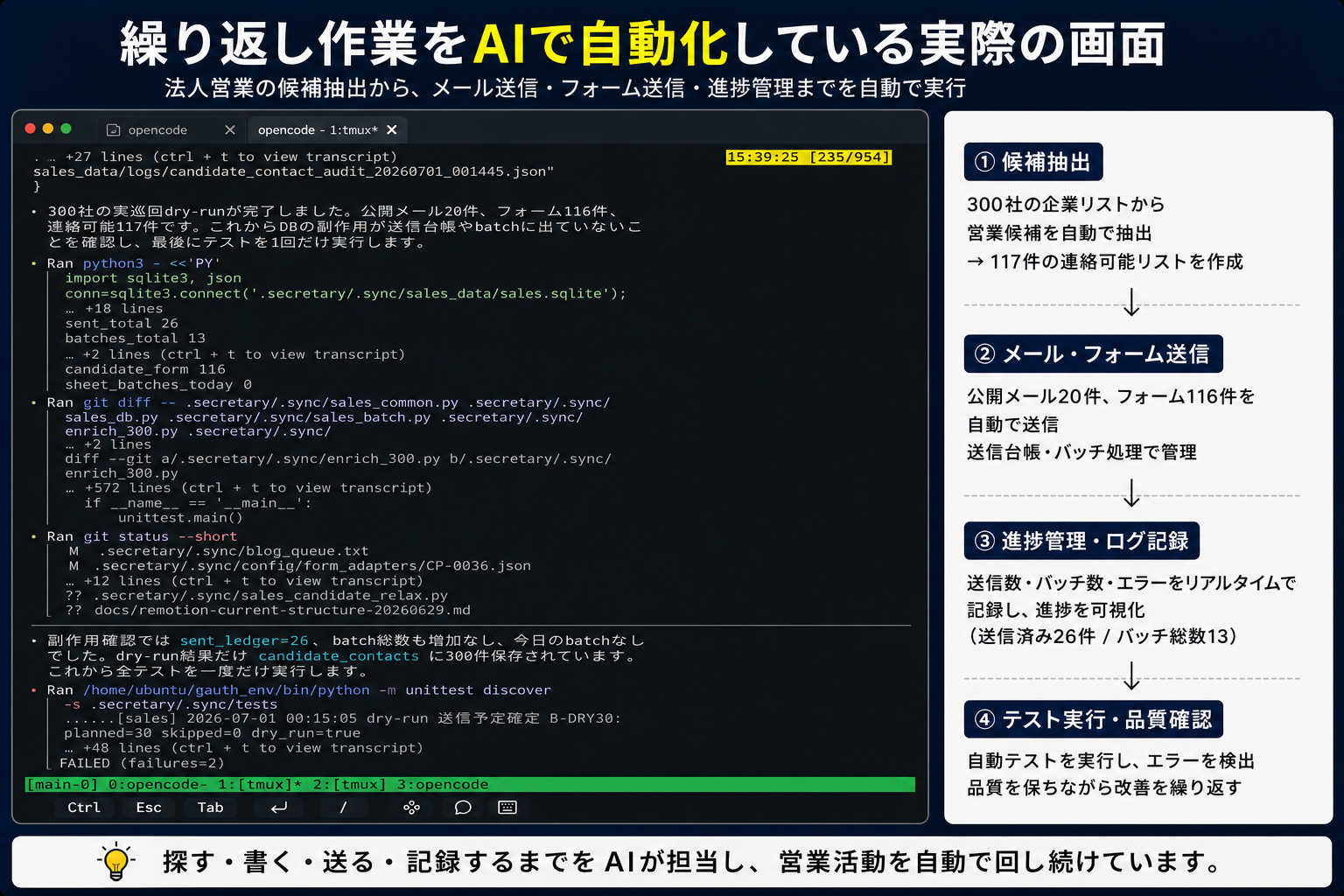 法人営業自動化を実行・検証しているターミナル画面