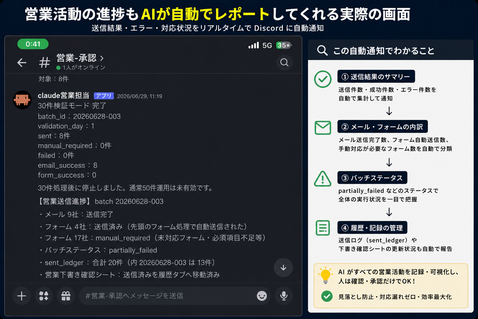 AI営業システムの進捗をDiscordへ自動通知している実画面