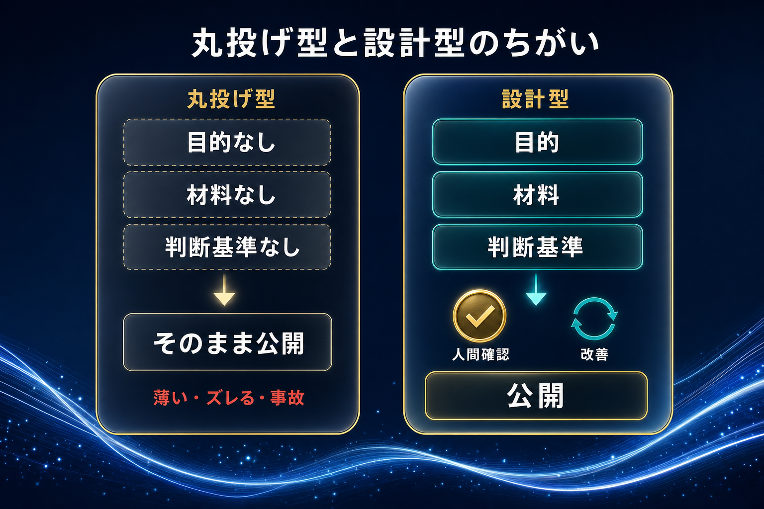 丸投げ型と設計型の違い。目的・材料・判断基準を渡し人間確認を挟む設計型は公開まで安全に進む比較図