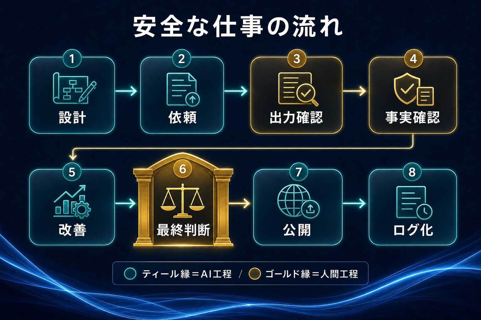 設計からログ化まで8段階の安全な仕事の流れ。人間工程はゴールド縁で表示
