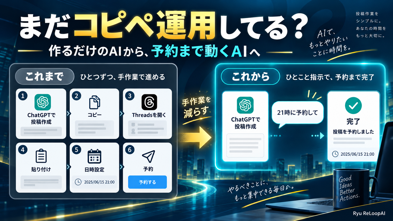 ChatGPTで投稿を作った後の手作業とThreads予約まで自動化した後の比較